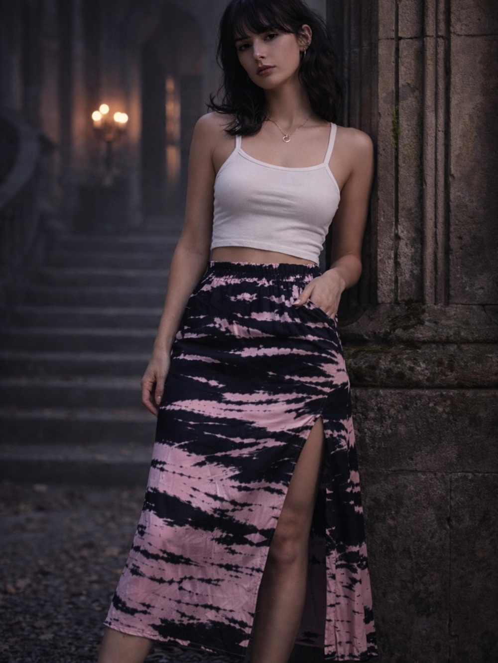 Young Fabulous & Broke Felicity Tie Dye Midi Skirt Pink Navy Slit NWT Size S